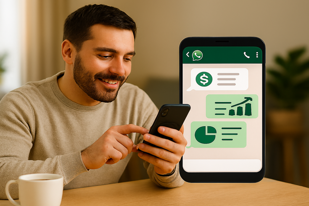 Homem usando smartphone para conversar com seu assistentes financeiros em aplicativo de mensagem, com ícones de gráficos e dinheiro ao fundo