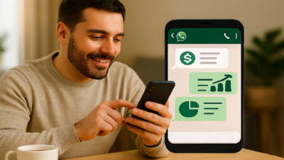 Homem usando smartphone para conversar com seu assistentes financeiros em aplicativo de mensagem, com ícones de gráficos e dinheiro ao fundo