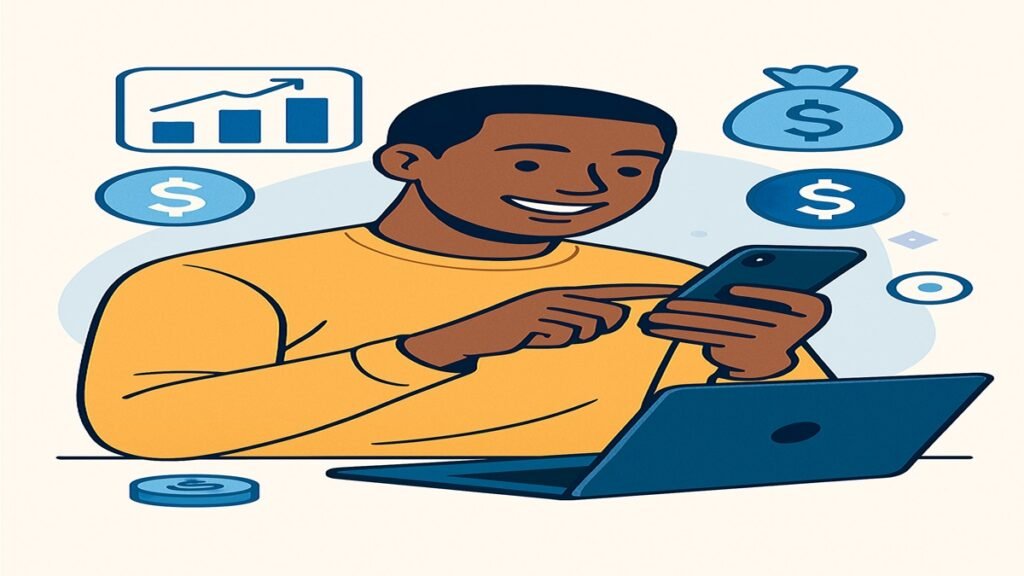 Homem sorridente usando smartphone e laptop para gerenciar finanças com ajuda de assistentes financeiros